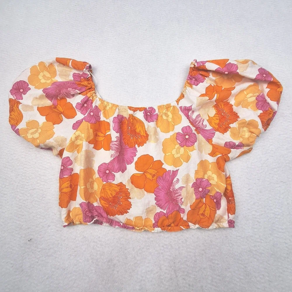 Cynthia Rowley Crop Top Womens Medium Orange Floral Linen Blend Puff Sleeve Boho - Picture 2 of 8
